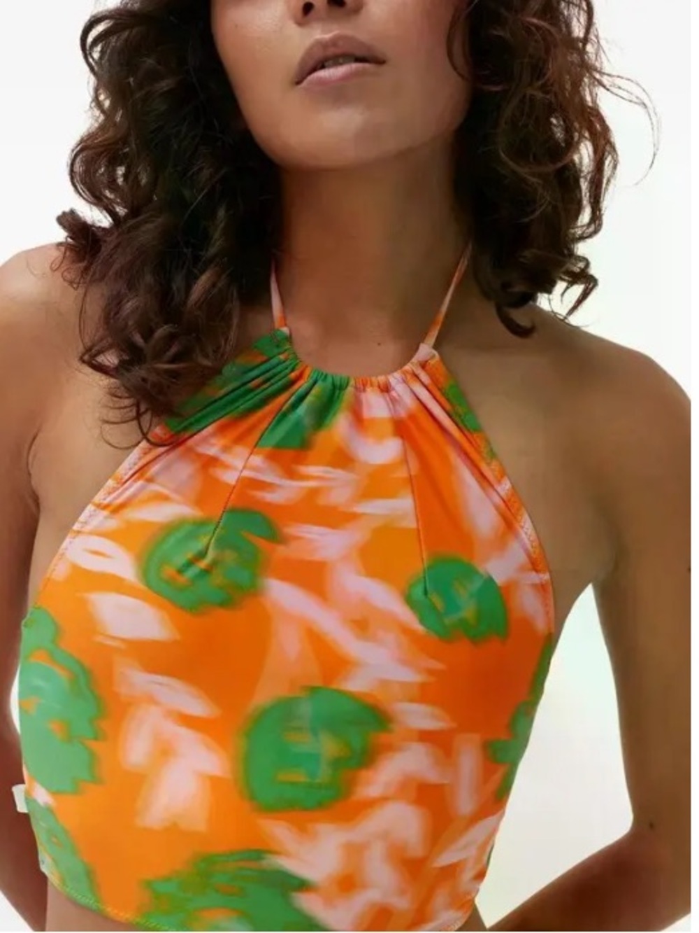 GANNI Bikini Top Longline Halter neck Stretch Printed Orange Green Size 38 B-C M